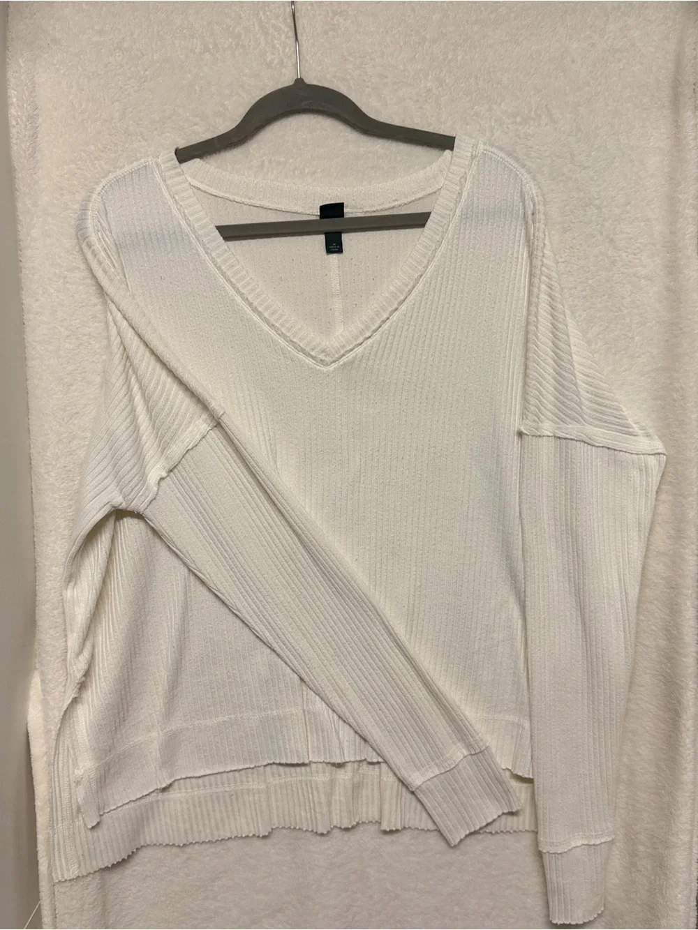 Cream V-Neck Waffle Knit Long Sleeve - Picture 2 of 3